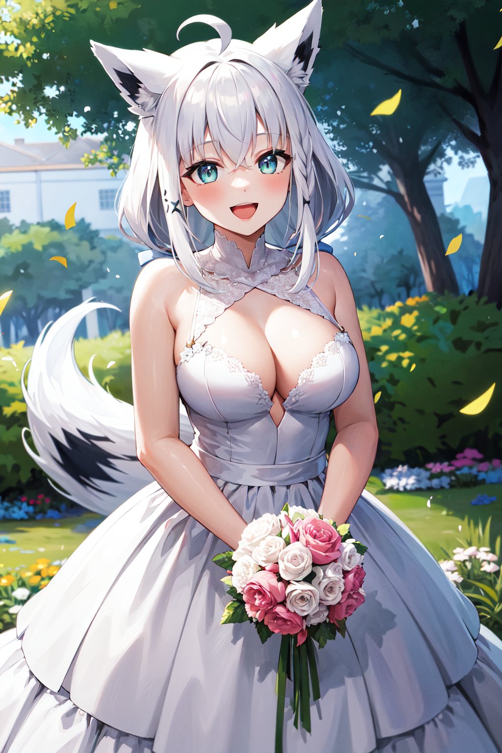 masterpiece, best quality, highres, aafbk, long hair, ahoge, animal ears, fox tail, breasts, <lora:shirakami_fubuki_v1:0.8>, wedding dress, white dress, garden, holding bouquet, smile, open mouth, confetti,