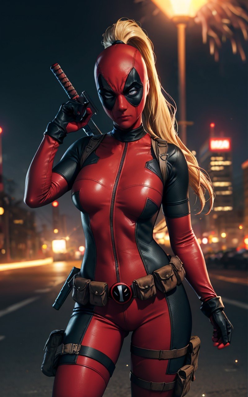 masterpiece, best quality, highres, contrapposto,BodySuit_lady_deadpool_ownwaifu,1girl, mask, blonde hair, ponytail, long hair, large breasts, bodysuit, skin tight, superhero, belt pouch, utility belt, red bodysuit, gloves, weapon on back, thigh pouch, thigh strap, thigh holster, belt buckle, turtleneck, <lora:MARVEL_lady_deadpool_ownwaifu:0.7> ,light particles, depth_of_field, scenery, night, aerial fireworks, solo, cowboy shot, looking at viewer,