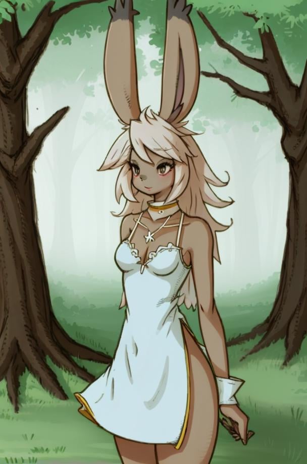 (anthro furry:1.2), VieraCzar, (viera, dark skin, brown eyes, random hair length, dress, slit dress), (forest), (masterpiece:1.2), hires, ultra-high resolution, 8K, high quality, (sharp focus:1.2), clean, crisp, cinematic, <lora:VieraFFTA-14:1>