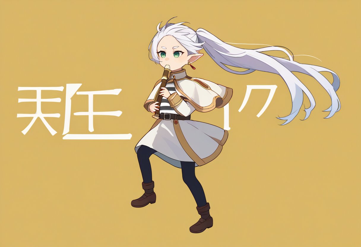 score_9, score_8_up, score_7_up, source_anime, simple background, yellow background, solo, 1girl, FrierenBase, kyoufuuallback, full body, holding flute, green eyes, white hair, long hair, twintails, earrings, white capelet, striped shirt, long sleeves, belt, white skirt, black pantyhose <lora:concept_kyoufuuallback_ponyXL:1> <lora:ChamFrierenPonyXL:1>