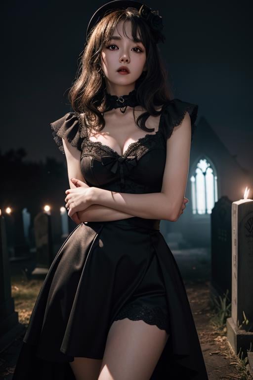 1girl, portrait of lolitagothic, long skirt, black dress, <lora:ARWLolitaGothic:1>, ((best quality)), ((masterpiece)), ((realistic)), (detailed), dim light, bokeh, spookie night, blue fog, graveyard, cathedral,  orange light