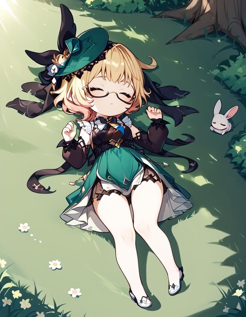 score_9, score_8_up, score_7_up,em1lie, official_costume, lying under the shadow of a tree,sleeping, ((chibi, cute)),grass, sun, sunrays,rabbits looking at her, <lora:emilie:0.9>