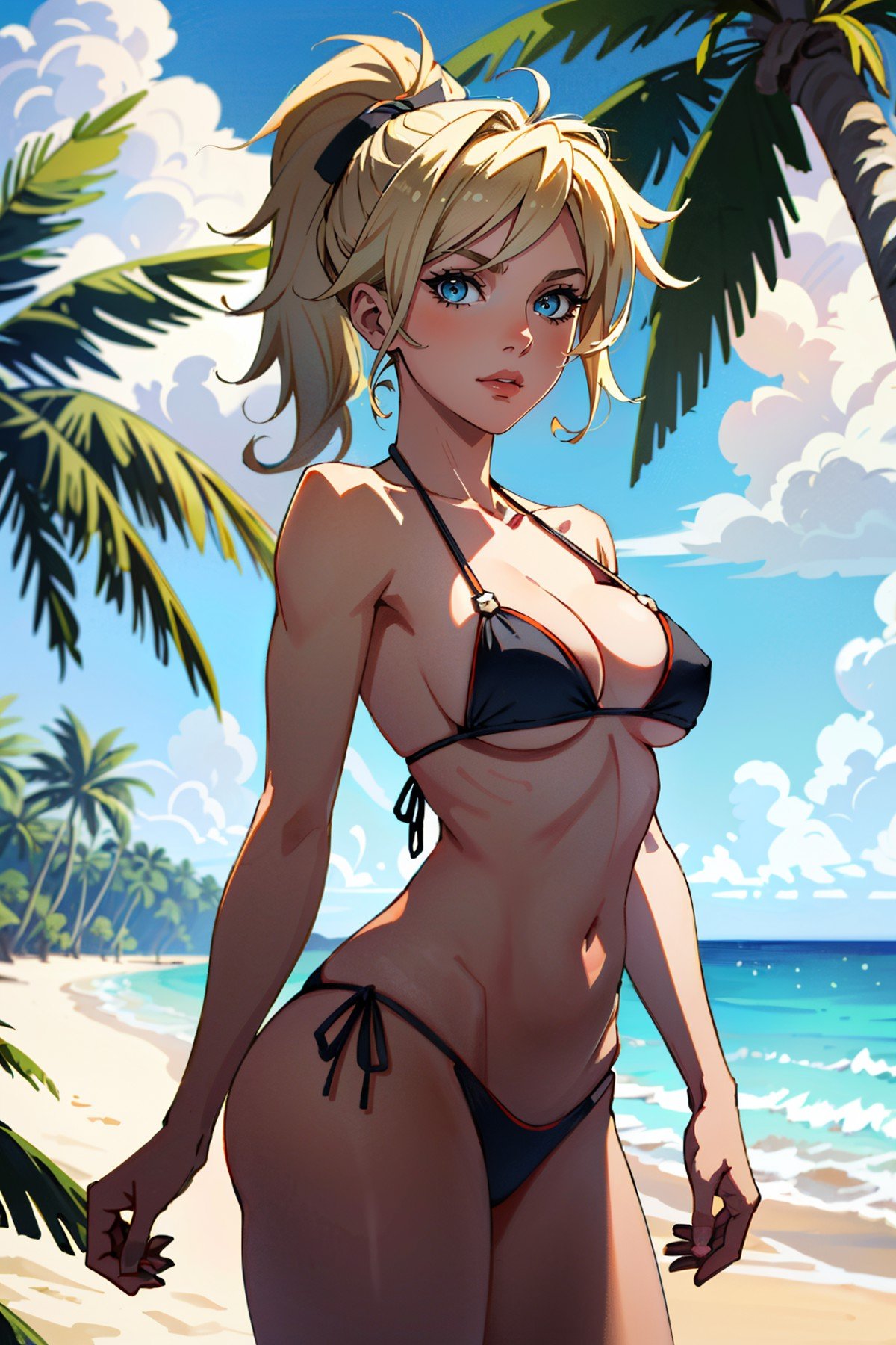 ((ultra detailed, masterpiece, absurdres))<lora:OMercy:0.8>OMercy, 1girl, blonde hair, ponytail, looking at viewer, on a tropical island, bikini, palm trees, ocean