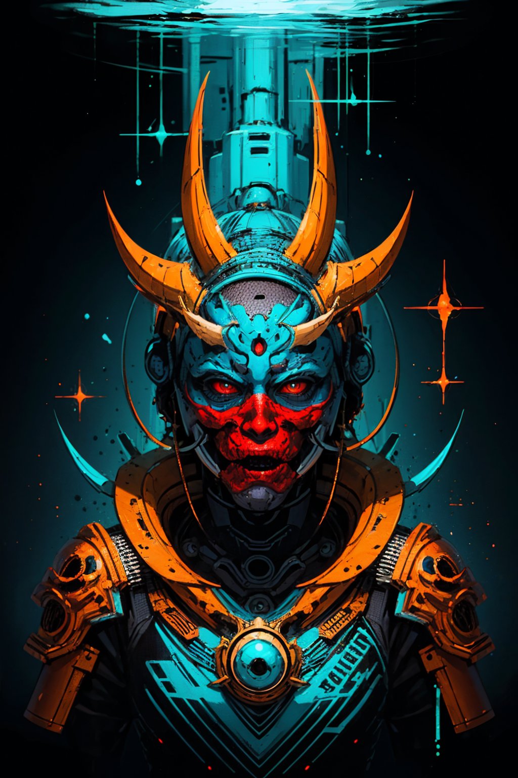 masterpiece,best quality,ultra high res,oni mask,Turquoise theme,<lora:踏山听海【鬼面具】:0.6>,light particles,sparkle,backlighting,