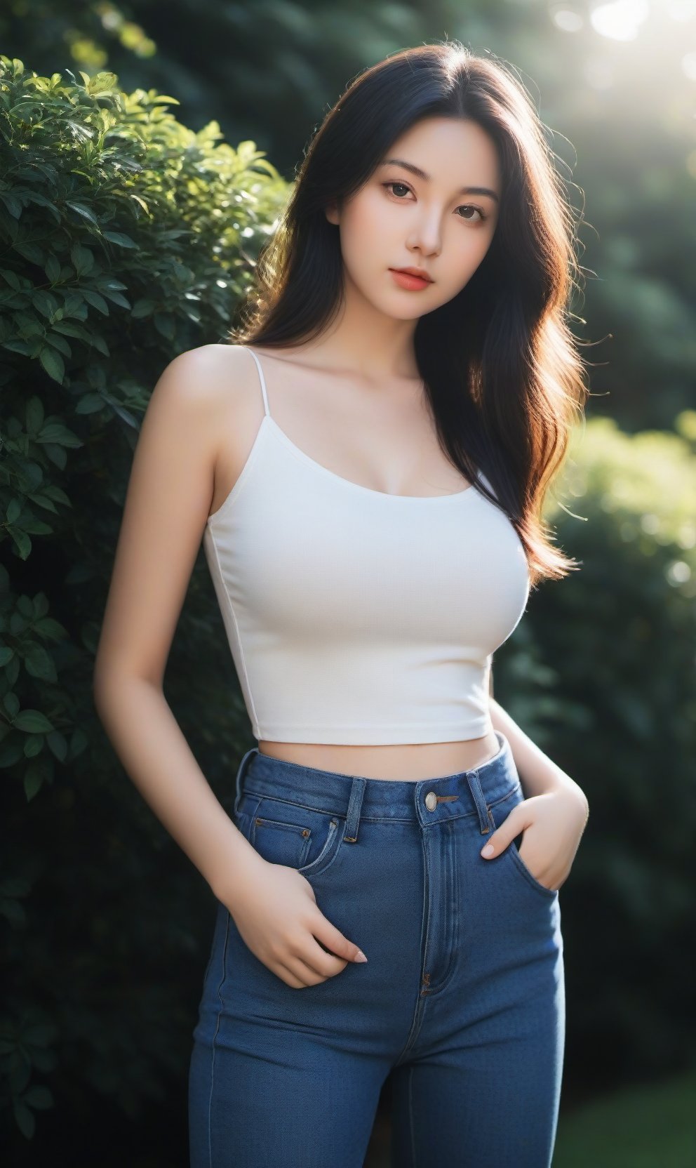 ,Textured skin, big breasts,Peach rumpplump,dim light, low key，A young woman with dark hair, wearing a Black sling and blue jeans, stands outdoors with a backdrop of greenery, She has a confident expression and is looking directly at the camera,,, <lora:WDR_景深-通透调节器:1>(EOS R8,50mm,F1.2,8K,RAW photo,reality_ray_tracing,sidelight,lens flare,