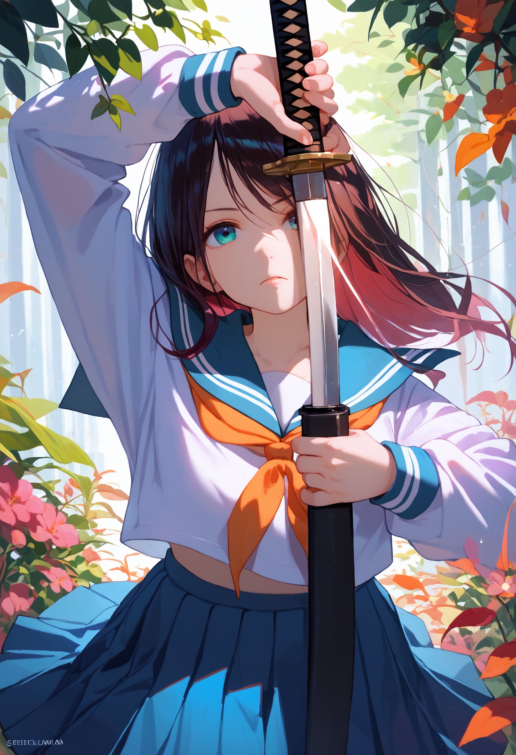 score_9, score_8_up, score_7_up, 1girl, arm up unsheathing sword, serafuku, school uniform, pleated skirt<lora:unsheathing_pose_vertical_3_final:1>