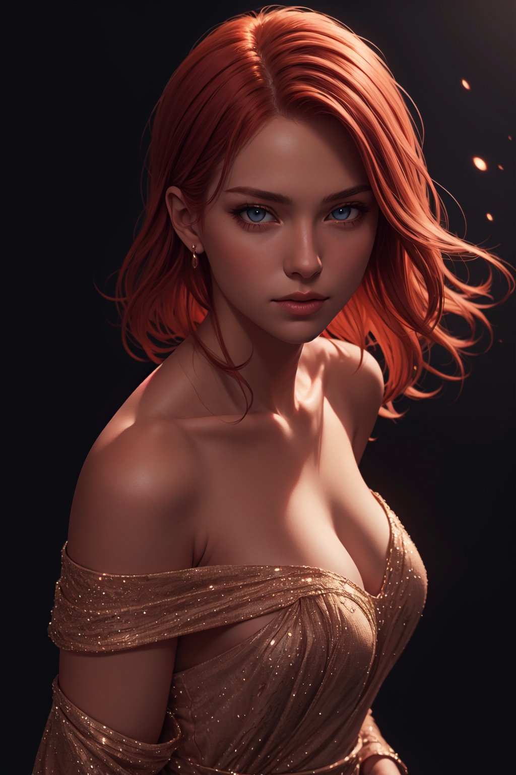 realistic photography, beautiful redhead girl, off shoulder paillette dress, cinematic lighting, perfect shading, dynamic angle, amazing composition, detailed