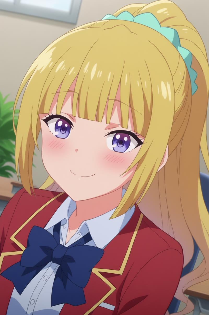 kei karuizawa,anime screencap,1girl,solo,mature,blonde hair,bangs,blush,ponytail,plant,indoors,classroom,standing,bow, school uniform, red blazer,scrunchie,jacket,sitting,looking at viewer, happy face, dutch angle,blunt bangs,solo focus,sit,chair,desk <lora:Kei Karuizawa - PDXL2 .safetensors:0.8>