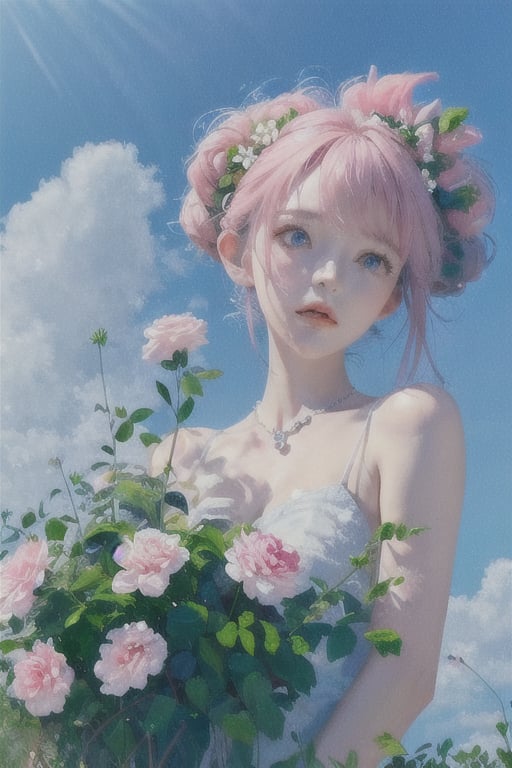 (((masterpiece))),((extremely detailed CG unity 8k wallpaper)),best quality,high resolution illustration,Amazing,highres,intricate detail,(best illumination, best shadow, an extremely delicate and beautiful),acrylic painting,1girl,flower,sky,white flower,cloud,blue sky,leaf,outdoors,day,plant,scenery,still life,pink flower,cloudy sky,<lora:acrylic_painting:0.8>,<lora:hatsunemiku1:0.9>,