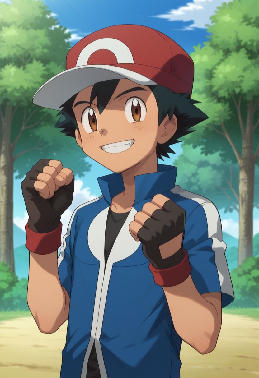 score_9, score_8_up, score_7_up, source_anime, highly detailed, 1boy, solo, male_focus, slender, skinny, cute,1boy, male focus,solo, brown eyes, smile, jacket, outdoors, closed mouth, blue jacket, day, shirt, black hair, tree, bangs, hat, clenched hands, hands up, smile, teeth, excited, happy, fingerless gloves, **simple background,