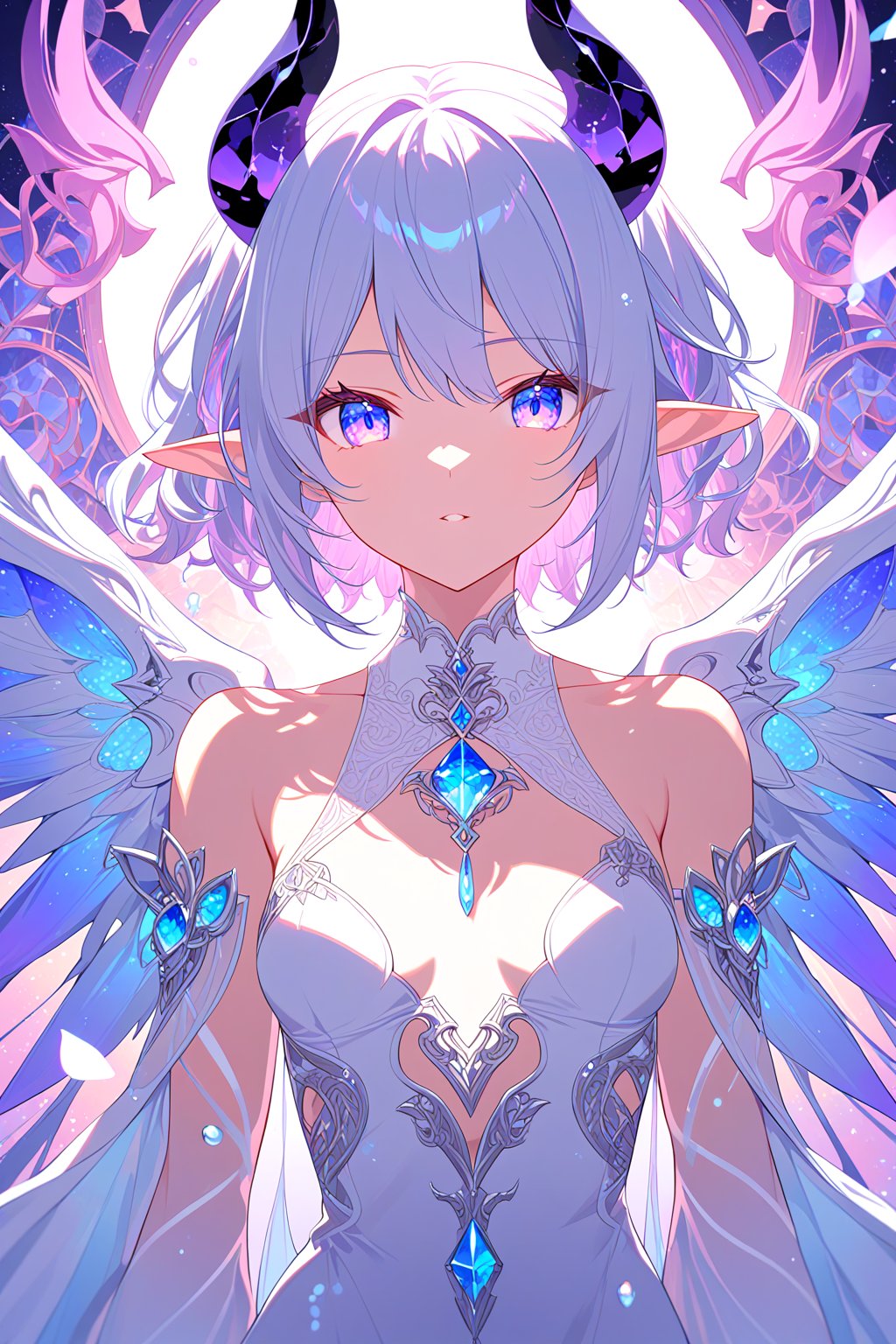 1girl,solo, portrait, upper body, close-up, eye focus,bubbles around, (lots of big colorful Bubbles:1.33), rainbow colors, colorful,iridescent long hair, iridescent horns, pointy ears,angel wings, glowing wings, alternative wings,small breasts, shapely breasts,(beautiful detailed eyes:1.1), symmetrical eyes, clean facial features, good posture,succubus, succubus demon, succubus body, demon girl, demon horns,halter dress, detailed white dress with decorations, detailed detached sleeves, jewelry, gem, crystal,beautiful art, ultra-detailed, (8k:1.1), (HDR:1.1), (sharp focus:1.1), (intricate:1.1),(beautiful and aesthetic:1.2), (very detailed background:1.1), (highly detailed background:1.1),symmetrical, octane render, 35mm, bokeh, 9:16,(intricate details:1.15), (hyperdetailed:1.15), (soft light:1.2), (sharp:1.2), detailed,(backlighting:1.1), (detailed light:1.1), detailed background, extremely detailed, highest detailed,Iridescence, depth of field, flat color, vector art, negative space, fantasy, high contrast, cinematic angle, cinematic lighting,newest, recent, masterpiece, best quality, normal quality