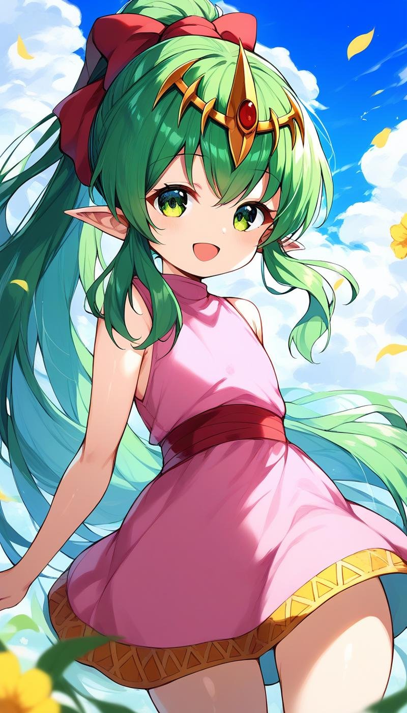 score_9, score_8_up, score_7_up, source_anime, rating_explicit, BREAK  <lora:Tiki_FE_XL:1> Tiki, pointy ears, long hair, green hair, ponytail, tiara, green eyes, flat chest, hair ribbon, very long hair, short stack,Yellow quilted skirt outdoors, smile, sky, open mouth, dress, short dress, cloud, sleeveless, pink dress, looking at viewer, day, blue sky, sleeveless dress, flower,  thighs,　