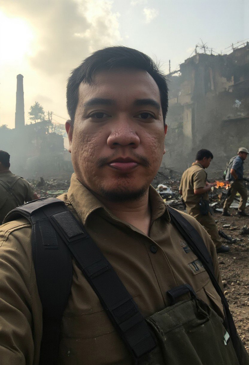 Who appears to be of Southeast Asian descent,  arifaridho. A man with a calm and composed expression stands amidst a war-t...