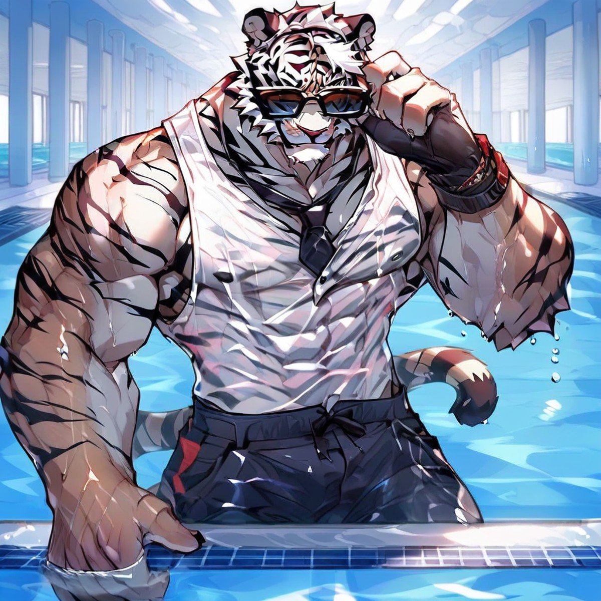 tiger boy, pool, tiger ears, necktie, large pectorals, Tiger, solo, sunglasses, muscular male, white tank top