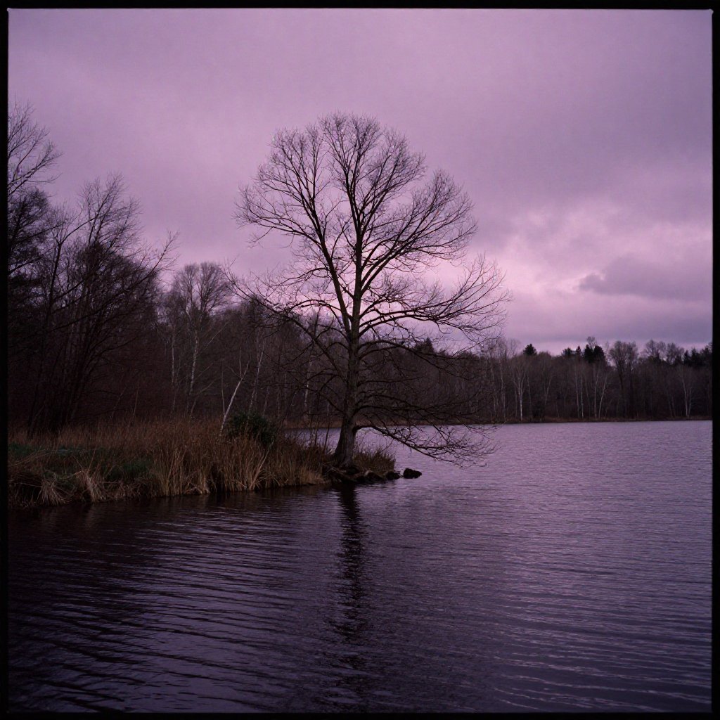 analog film photo of cinematic style,  Kodak Portra 400 analog film stocks of a lake with trees and a purple sky,  detaile...