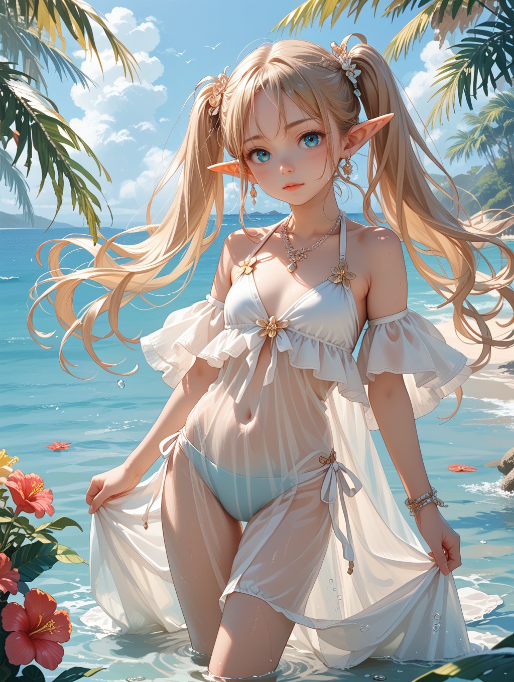 score_9, score_8_up, score_7_up,1girl, long hair, pointy ears, twintails, jewelry, elf, swim cover-up, sheer fabric, beachwear style, elegant, standing near the water