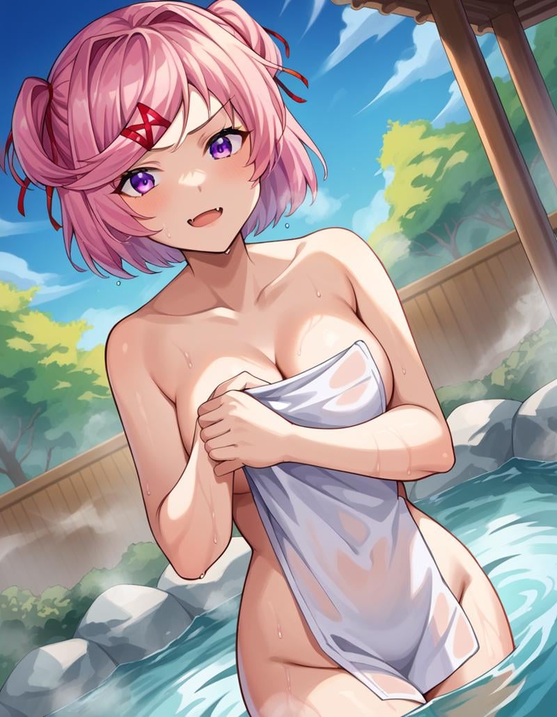 score_9, score_8_up, score_7_up, source_anime,ddlcnatsuki, <lora:ddlc-natsuki-ponyxl-lora-nochekaiser:1>ddlcnatsuki, fang, hair ornament, pink hair, purple eyes, short hair, short sidetail, swept bangs, x hair ornament,nude, naked, outdoors, onsen, towel, naked towel, steam, bathing, nude cover, partially submerged, water, bath, steam censor, wet towel,looking at viewer, dutch angle, cowboy shot, 