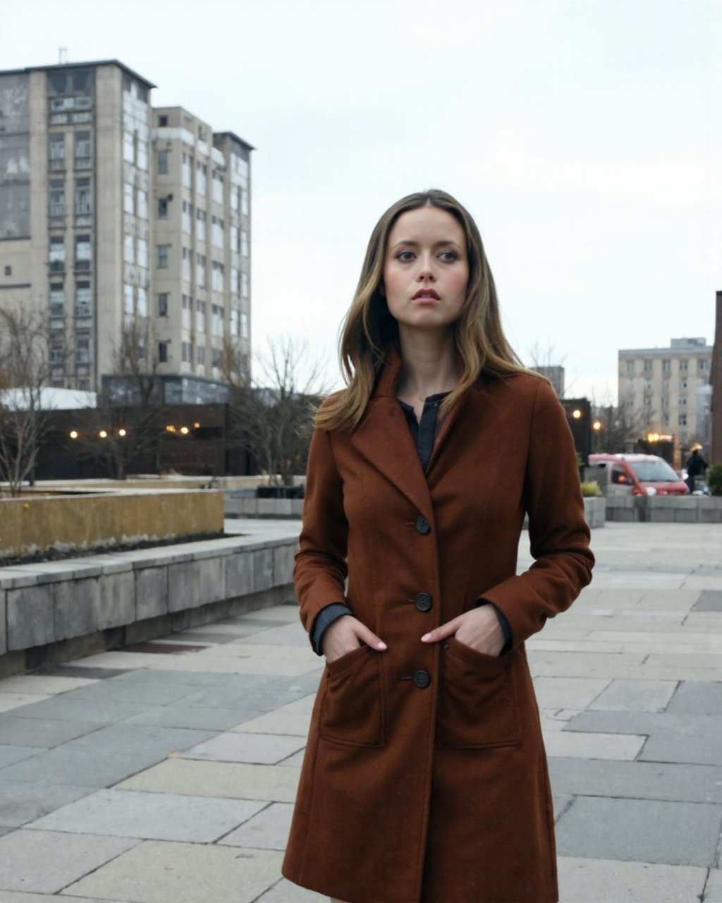 This is a high-resolution photograph capturing summer_glau standing outdoors,  likely in an urban setting. The subject is...