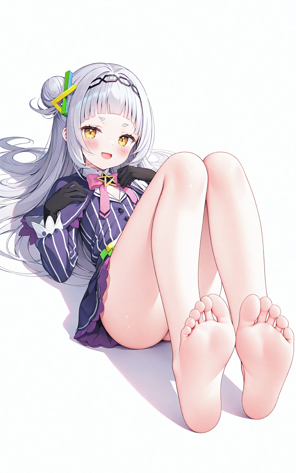 masterpiece,best quality,illustration,ultra detailed,hdr,Depth of field,(colorful),[Artist chen bin],1girl, murasaki shion, barefoot, feet, virtual youtuber, toes, foot focus, solo, long hair, foreshortening, soles, gloves, murasaki shion (1st costume), legs, grey hair, lying, looking at viewer, hairband, long sleeves, black gloves, white background, on back, purple capelet, capelet, bare legs, shirt, eyelashes, simple background, yellow eyes, open mouth, short eyebrows, striped clothes, smile, shadow, hair ornament, feet up, blush, sidelocks, single side bun, striped shirt, full body, thighs, bow, vertical-striped clothes, spread toes, arched bangs, pinstripe pattern, blunt bangs, vertical-striped shirt, pink bow, hair bun