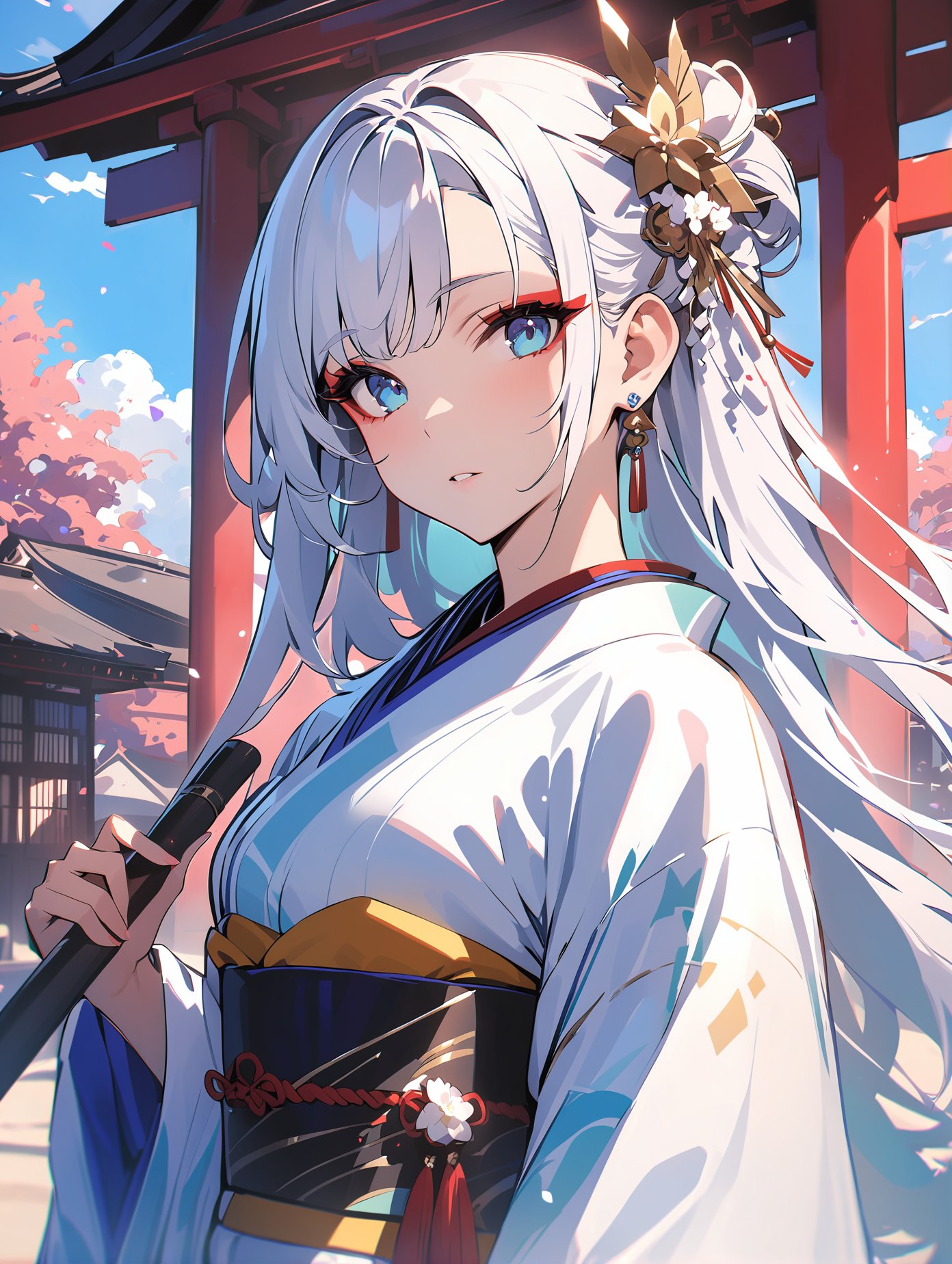 masterpiece,cowboy shot,1girl,japanese clothes,solo,blue eyes,long hair,kimono,holding,white hair,earrings,jewelry,hair ornament,outdoors,white kimono,sash,upper body,parted lips,makeup,obi,looking at viewer,wide sleeves,long sleeves,day,