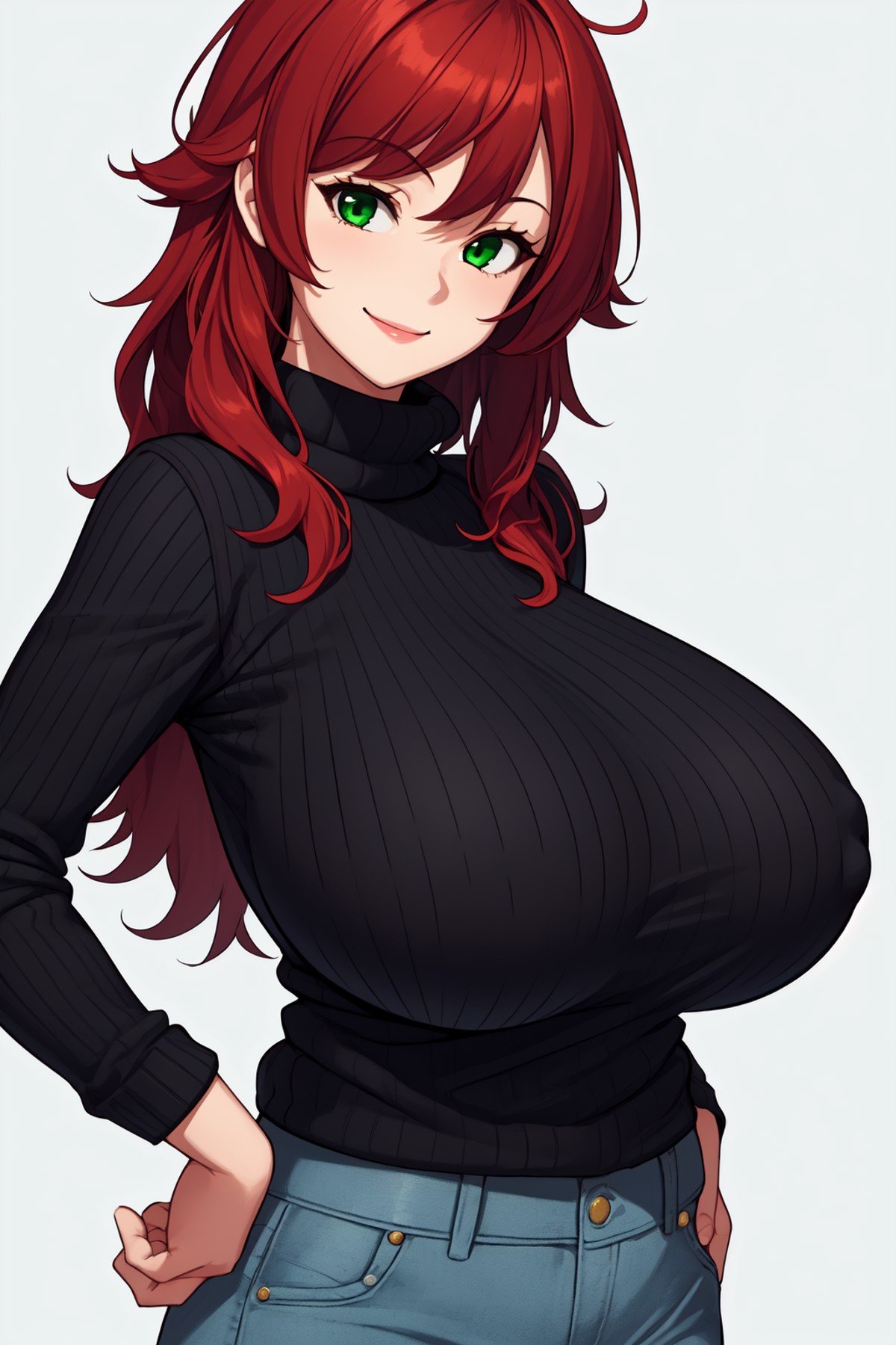 1girl, solo, standing, upper body,mature female, mature, milf, hands on hips,red hair, long hair, messy hair,green eyes, looking at viewer,smile,black sweater, ribbed sweater, jeans,(sagging breasts:1.2), huge breasts, covered nipples,white background, simple background, <lora:Sagging Breasts v1:1>