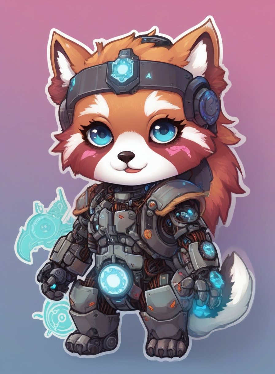 cyberpunk viking red panda with robotic parts, epic background, glowing runes, Sticker, Cute sticker, Kawaii sticker, die-cut, plain background, illustration minimalism, vector, pastel colors, kawaii