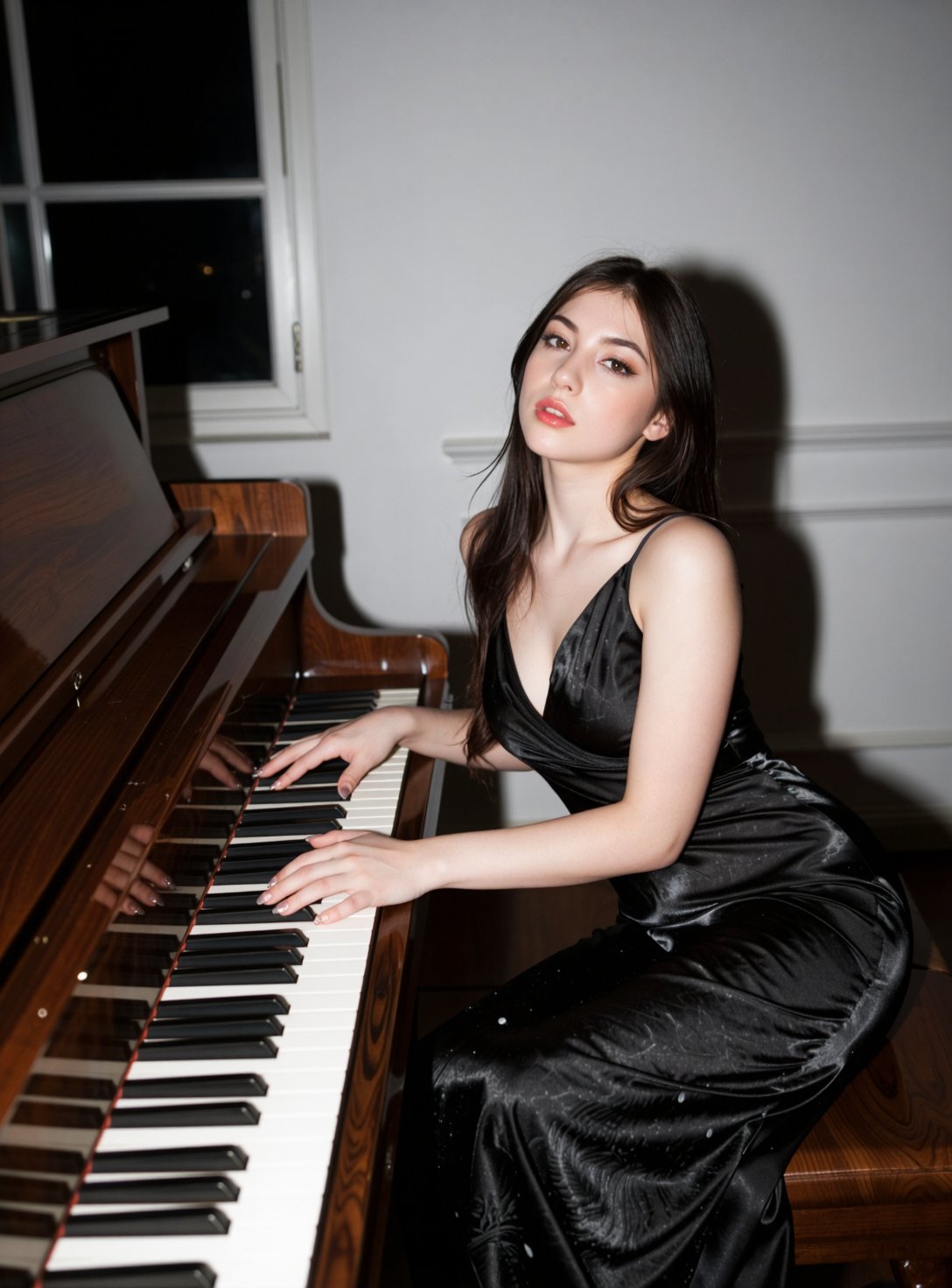 A woman in her early 30s,  slender and poised,  reclines gracefully on a grand piano by psychologicau on Tensor.Art