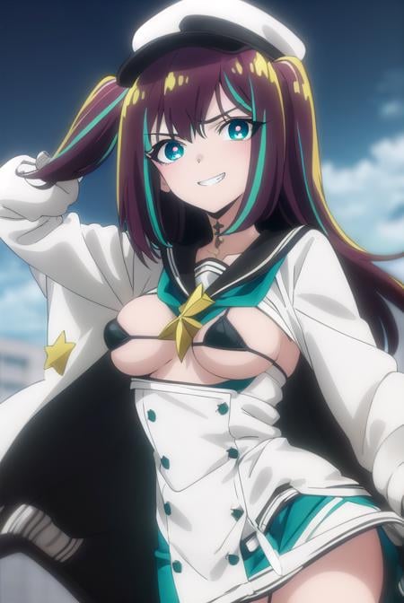 matamaakoya, <lora:matama akoya s1-alpha-lora-nochekaiser:1>,matama akoya, long hair, brown hair, (green eyes:1.3), multicolored hair, aqua eyes, two side up, streaked hair, smile, grin,BREAK skirt, thighhighs, long sleeves, hat, jacket, swimsuit, bikini, open clothes, black thighhighs, sailor collar, star \(symbol\), nail polish, neckerchief, black bikini, white headwear, (bikini top only:1.5), (white jacket:1.5), (green skirt:1.5),BREAK outdoors, city,BREAK looking at viewer, (cowboy shot:1.5),BREAK <lyco:GoodHands-beta2:1>, (masterpiece:1.2), best quality, high resolution, unity 8k wallpaper, (illustration:0.8), (beautiful detailed eyes:1.6), extremely detailed face, perfect lighting, extremely detailed CG, (perfect hands, perfect anatomy),