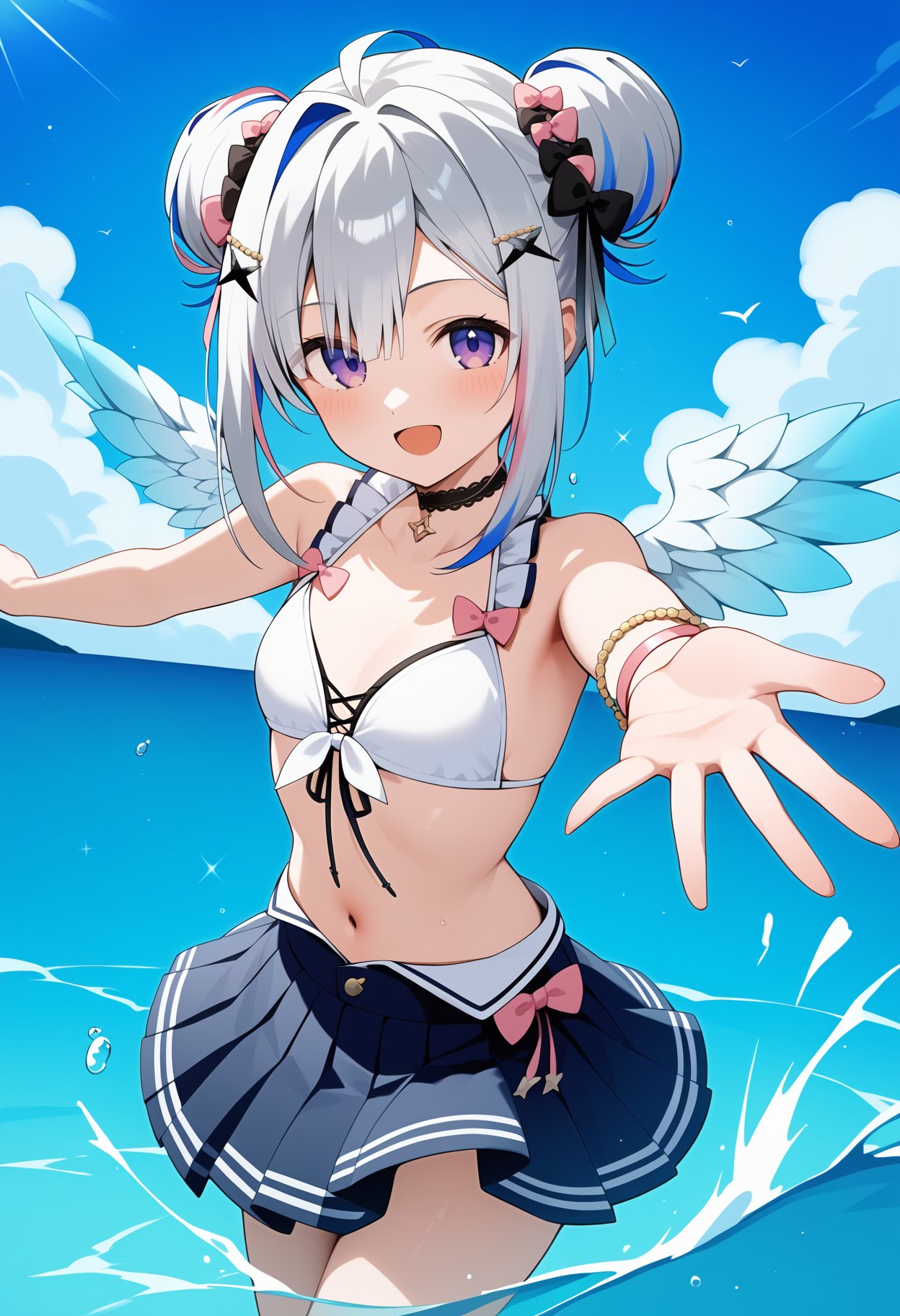 score_9, score_8_up, score_7_up, score_6_up, score_5_up, score_4_up, source_anime, ggkanata, short hair, multicolored hair, grey hair, double bun, hair bow, hair ornament, purple eyes, wings, black choker, front-tie bikini top, white bikini, bare arms, bracelet, midriff, pleated skirt, black skirt, <lora:amane_kanata_ponyxl_v1:0.9>, standing, cowboy shot, ocean, splashing, reaching, partially submerged, 