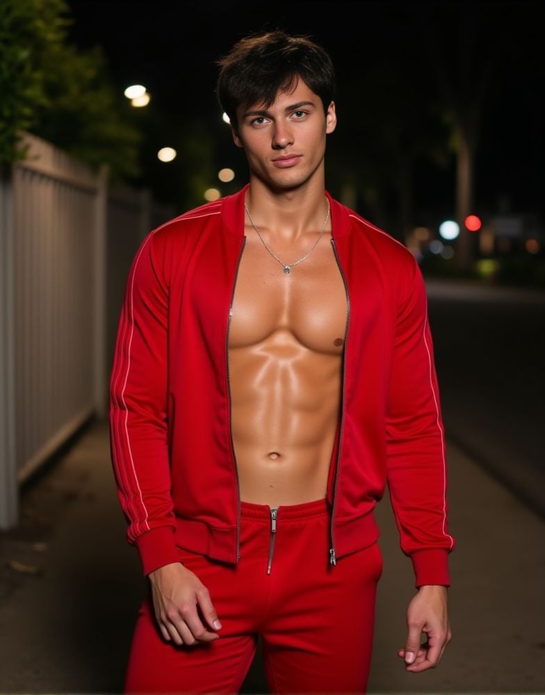 Rob Rausch ,  realistic photo in a worn ((skin-revealing skimpy erotic red tracksuit. massive pecs)). big pecs. big arms....