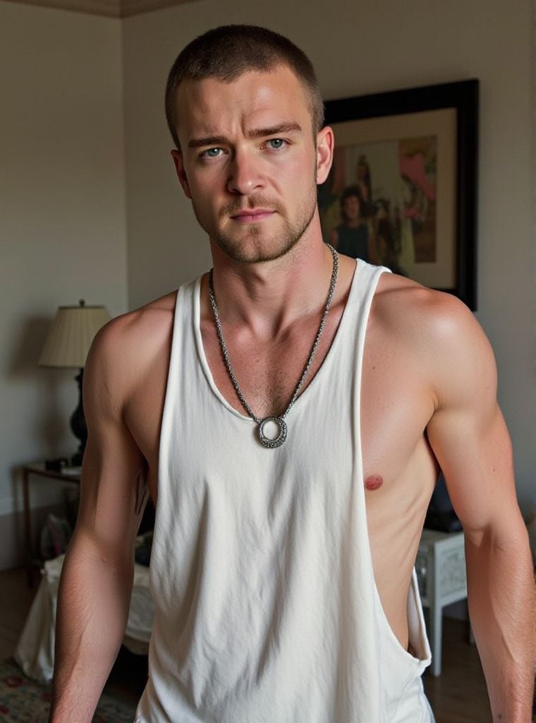 Justin Timberlake ,  droparm tank top,  necklace by HottiesnHotties on Tensor.Art
