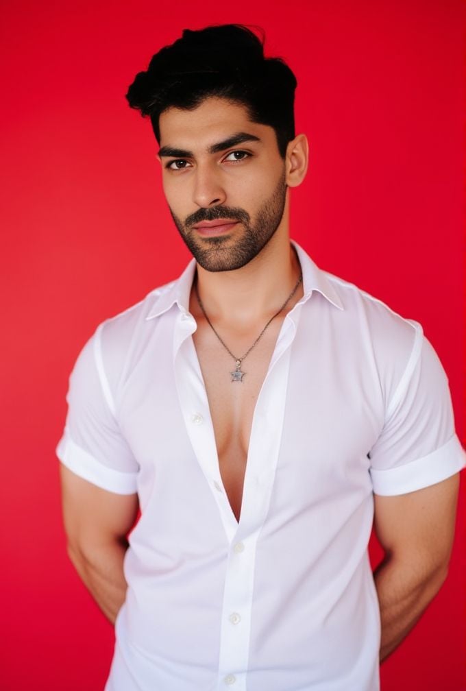 Smaran Sahu ,  The image is a high-resolution photograph. standing against a solid red background. wavy hair styled to the...