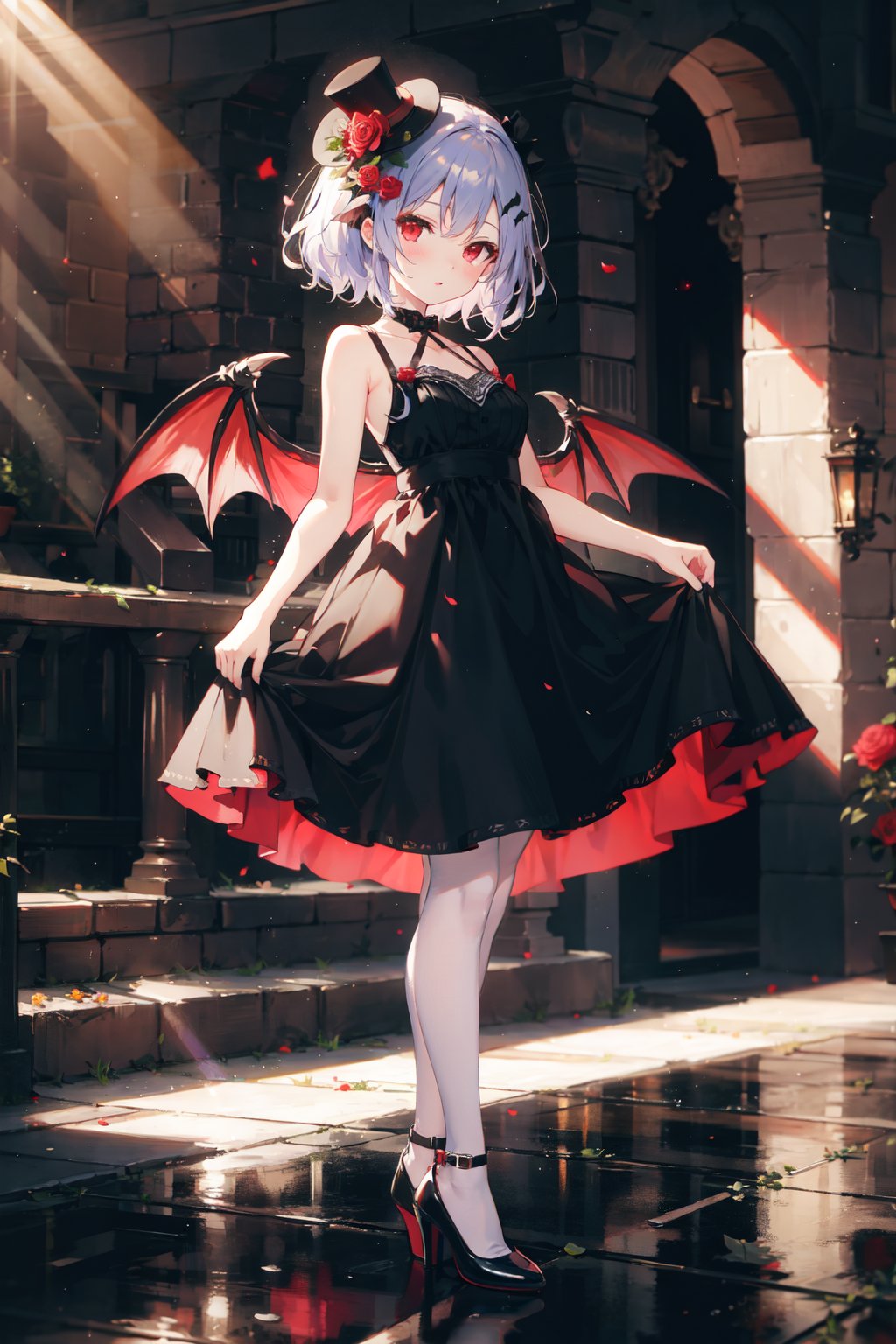 masterpiece,best quality,(ray tracing, reflection light),sunlight,(Light shines on the characters)1girl, wings, bat_wings, remilia_scarlet, demon_wings, dress, solo, hat, white_legwear, red_rose, top_hat, pantyhose, rose, high_heels, depth_of_field, hair_ornament, red_flower, mini_hat, black_dress, bare_shoulders, red_eyes, flower, mini_top_hat, alternate_costume, bare_arms, standing, black_footwear, tilted_headwear, skirt_hold, Castle  <lyco:GoodHands-beta2:1.0>