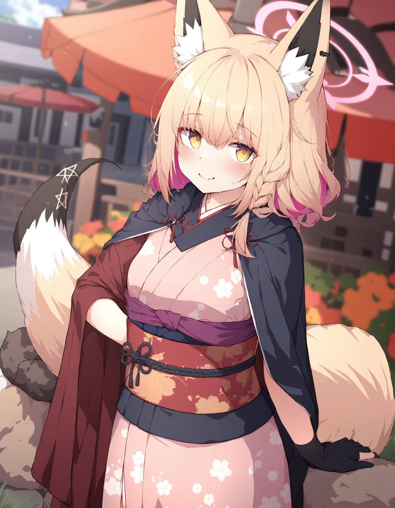 sy4style,1girl,  blue archive,  yume , yellow eyes, cape, animal ear fluff, fox ears, pink eyeshadow, solo, hair between eyes, blush, colored inner animal ears, breasts, fox girl, brown hair, japanese clothes, blurry background, tail, gloves, eyeshadow, fox tail, pink scarf, scarf, short sleeves, kimono, makeup, partially fingerless gloves, outdoors, pink kimono, small breasts, animal ears, closed mouth, medium hair, blurry, black cape, smile, masterpiece, newest, absurdres, safe <lora:sy4style (3):1>