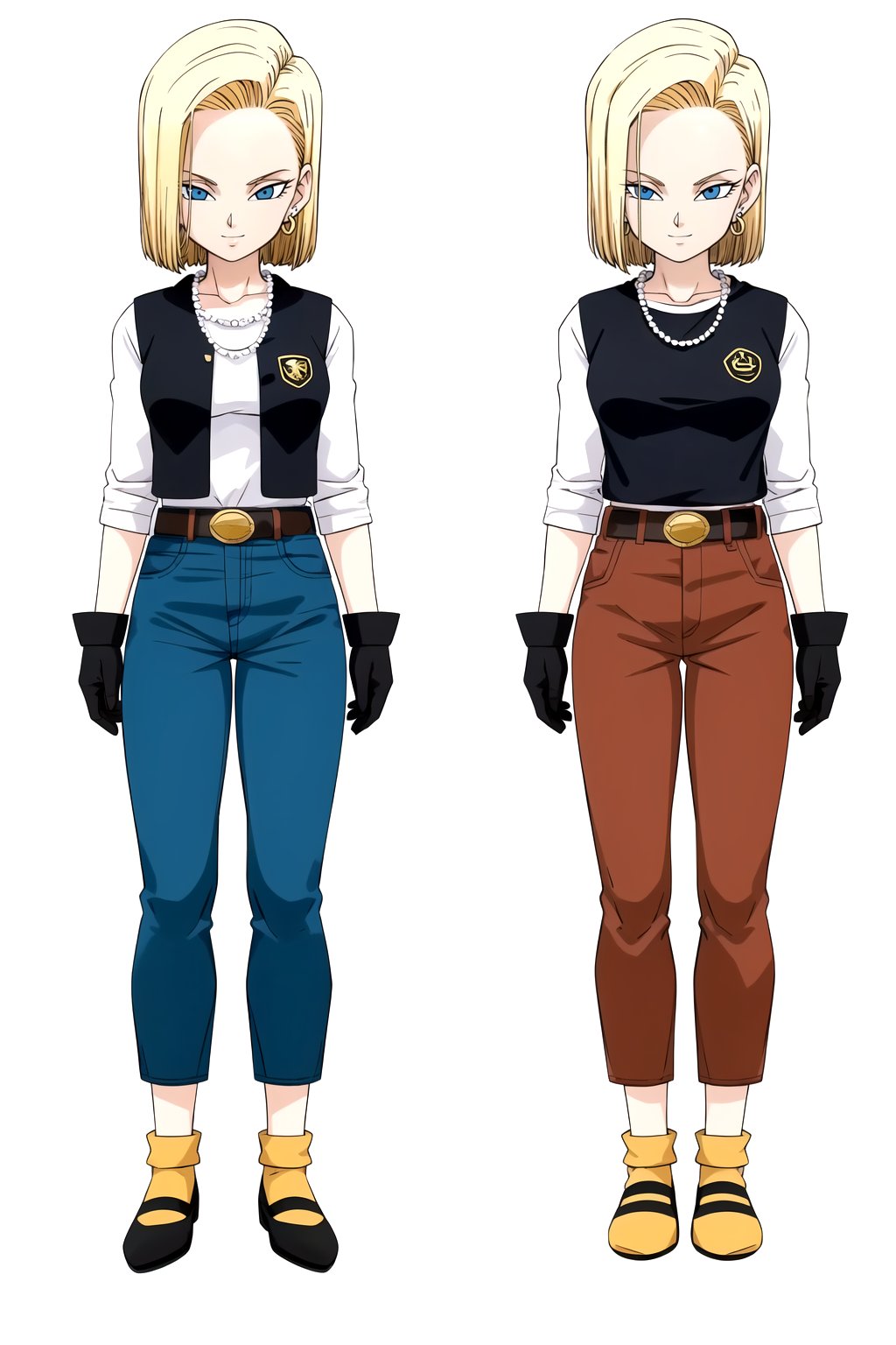 masterpiece, detailed face, android 18, 1girl, solo, looking at viewer, smile, short hair, blue eyes, blonde hair, simple background, shirt, gloves, white background, jewelry, standing, collarbone, full body, white shirt, earrings, black gloves, belt, pants, necklace, denim, watch, orange socks, open black vest<lora:4ndro1d_18-000008:0.8>