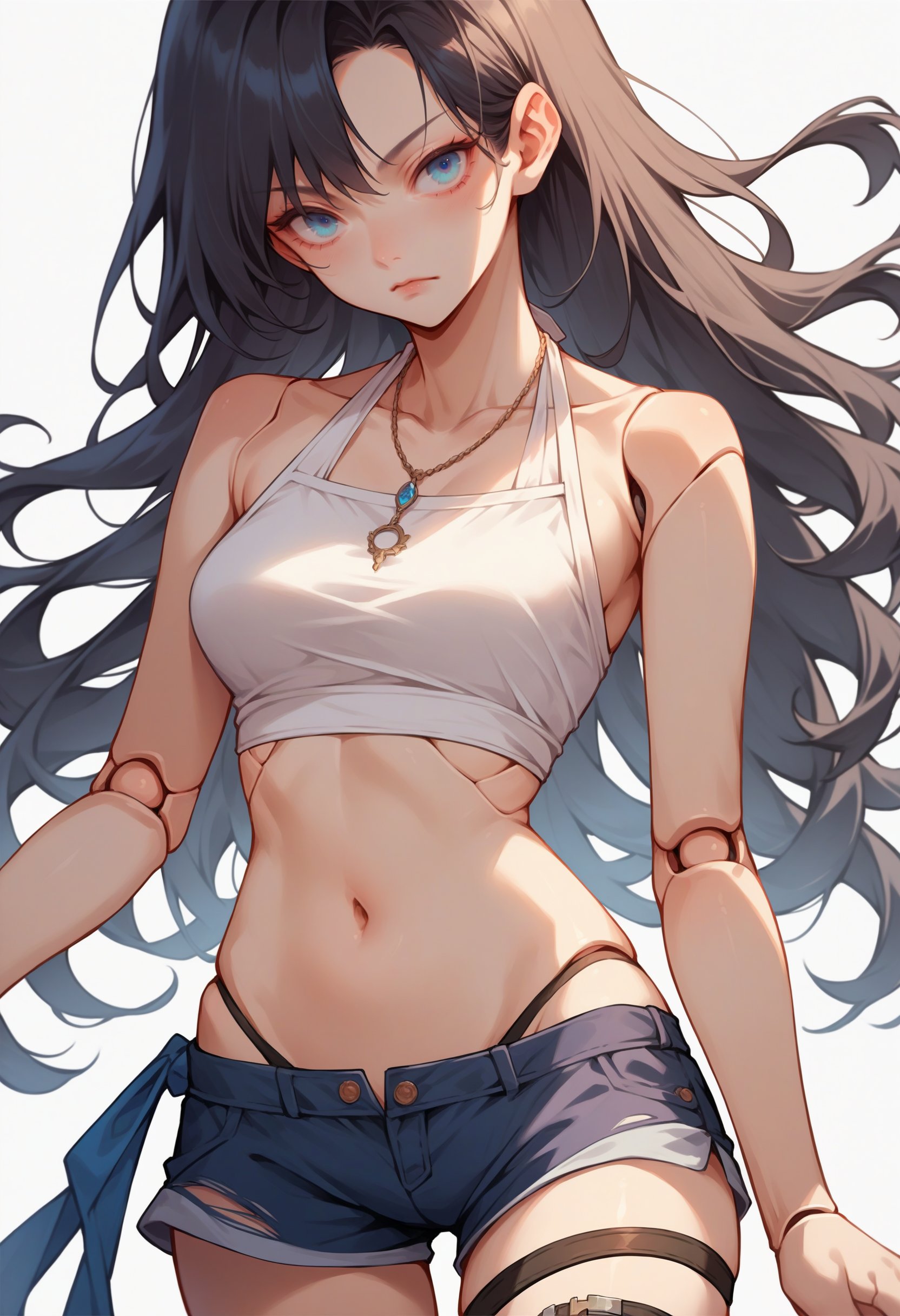 score_9, score_8_up, score_7_up, source_anime, female, focused, shorts, halterneck, overhang, navel, midriff, collarbone, necklace, blue eyes, thigh strap, medium breasts, white background, long hair, black hair, doll joints, colored nails, 