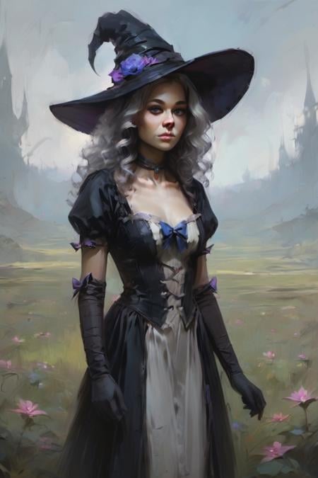 score_9, score_8_up, score_7_up, digital art, realistic, 1girl, witch hat, hat, solo, long hair, flower, dress, choker, puffy sleeves, looking at viewer, grass, white dress, bow, hat bow, white hair, black choker, plant, outdoors, blue eyes, purple eyes, black headwear, bangs, long sleeves, gloves, witch, blue bow, wavy hair, short sleeves, puffy short sleeves, elbow gloves, black gloves, standing, field, grey hair, sky, purple bow, breasts, curly hair, parted lips, expressionless, cowboy shot, closed mouth, leaf <lora:Digital Art Style SDXL_LoRA_Pony Diffusion V6 XL:1>