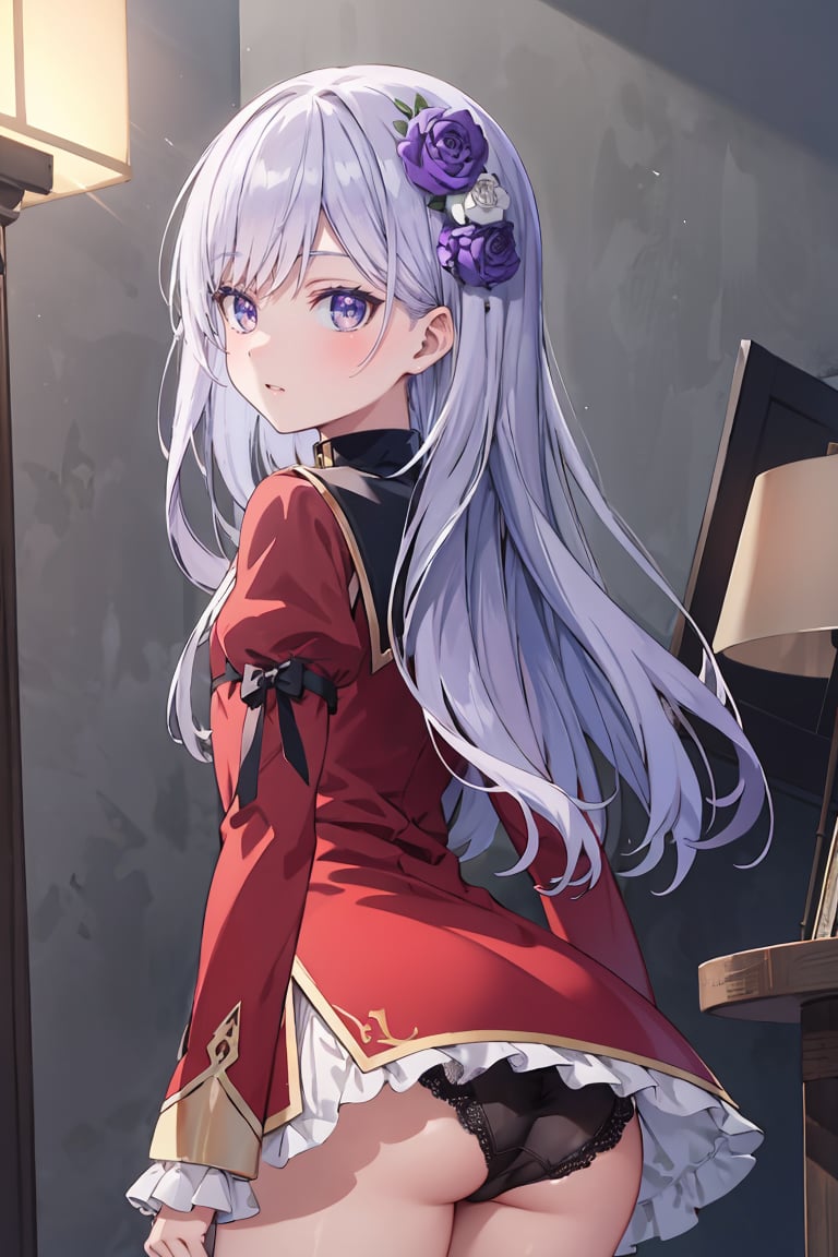 masterpiece, best quality, ultra-detailed, glistening shiny, glowing light, ray tracing, HDR, deph of field, (perfect face, detailed face), <lora:ChristinaBeltrum:0.8>, christinabeltrum, long hair, flower hair ornament, flat chest,  red dress, black collar, puffy sleeves, long sleeves, ass, from behind, lace panties, standing