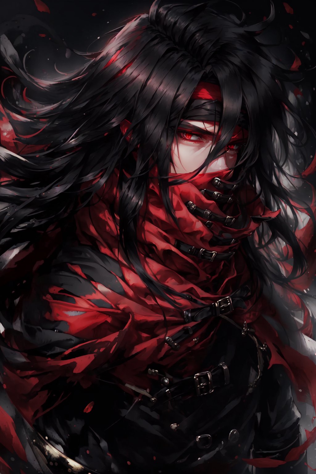 absurdres,, masterpiece, 1boy, VincentValentine  <lora:VincentValentineV1:0.9>,  long black hair, red eyes, red cloak, red headband, covered mouth,  high collar,  portrait, wind, looking at viewer