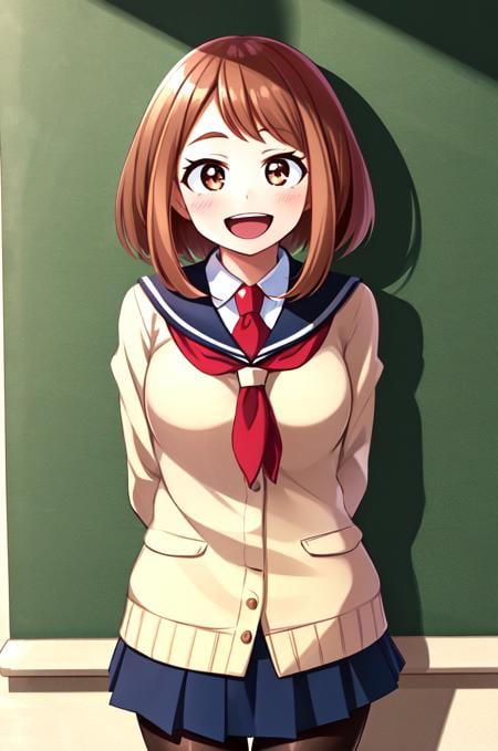 horikoshi kouhei,  1girl, :d, absurdres, arms behind back, bangs, blush, boku no hero academia, breasts, brown eyes, brown hair, fengling (furin-jp), highres, looking at viewer, medium breasts, open mouth, pantyhose, school uniform, short hair, sidelocks, smile, solo, standing, u.a. school uniform, uraraka ochako<lora:horikoshi_kouhei-000030:0.5>