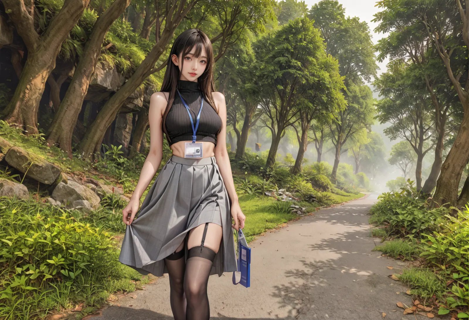 ,ruanyi0910,forest,outdoors,,ruanyi0897,black thighhighs,garter straps,turtleneck,id card,lanyard,grey skirt,crop top,black sleeveless sweater,long skirt,<lora:0910 forest_v1_pony:0.7>,<lora:0897 Home wear 3_v1_pony:0.7>, score_9,score_8_up,score_7_up,,8k,1girl,solo,,