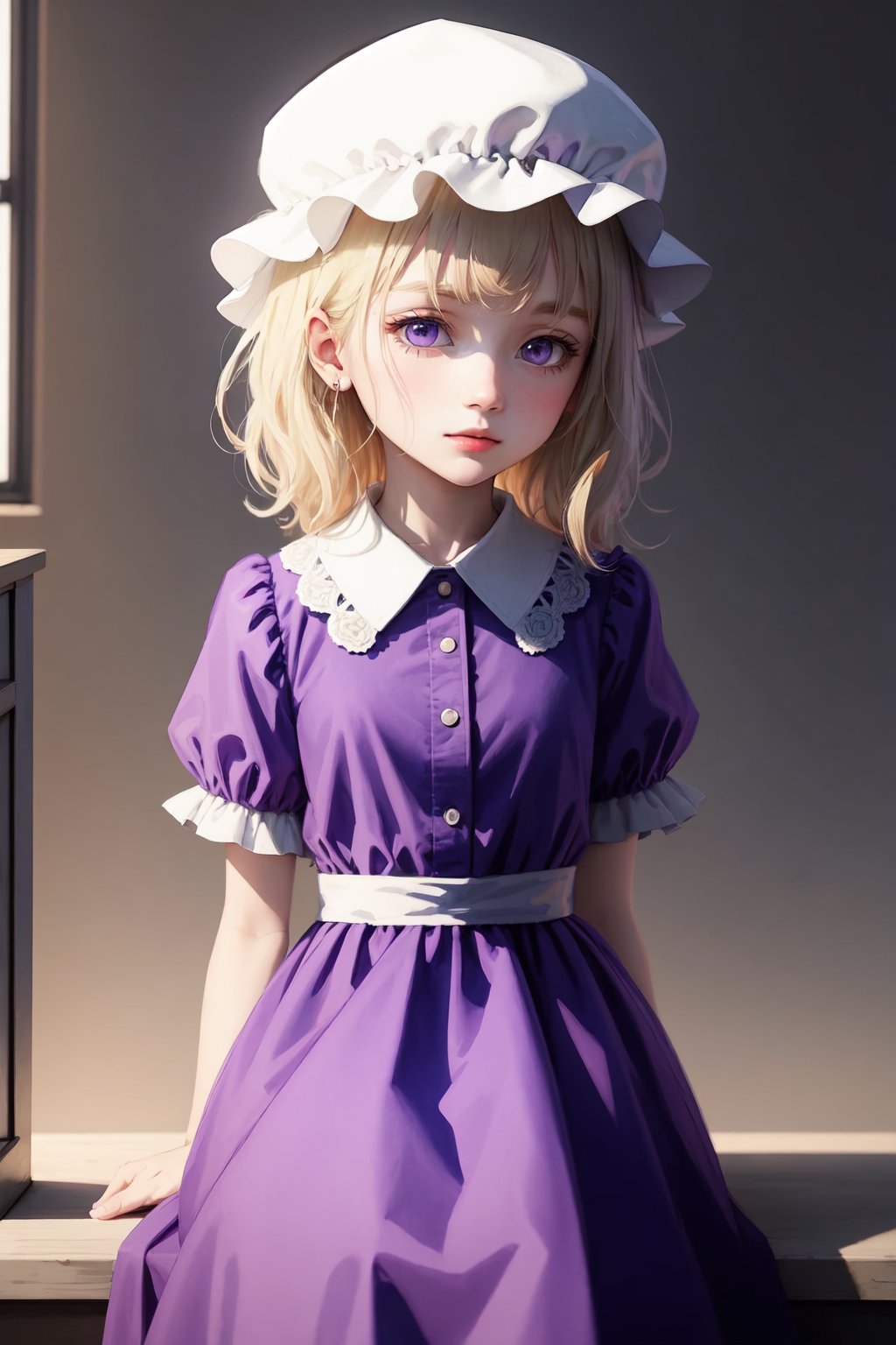 maribel_hearn,mob_cap,purple_dress,white_headwear,looking_at_viewer,1girl,solo<lora:maribel_hearn:1>,simple background,white backgroundmasterpiece,best quality, highly detailed, 