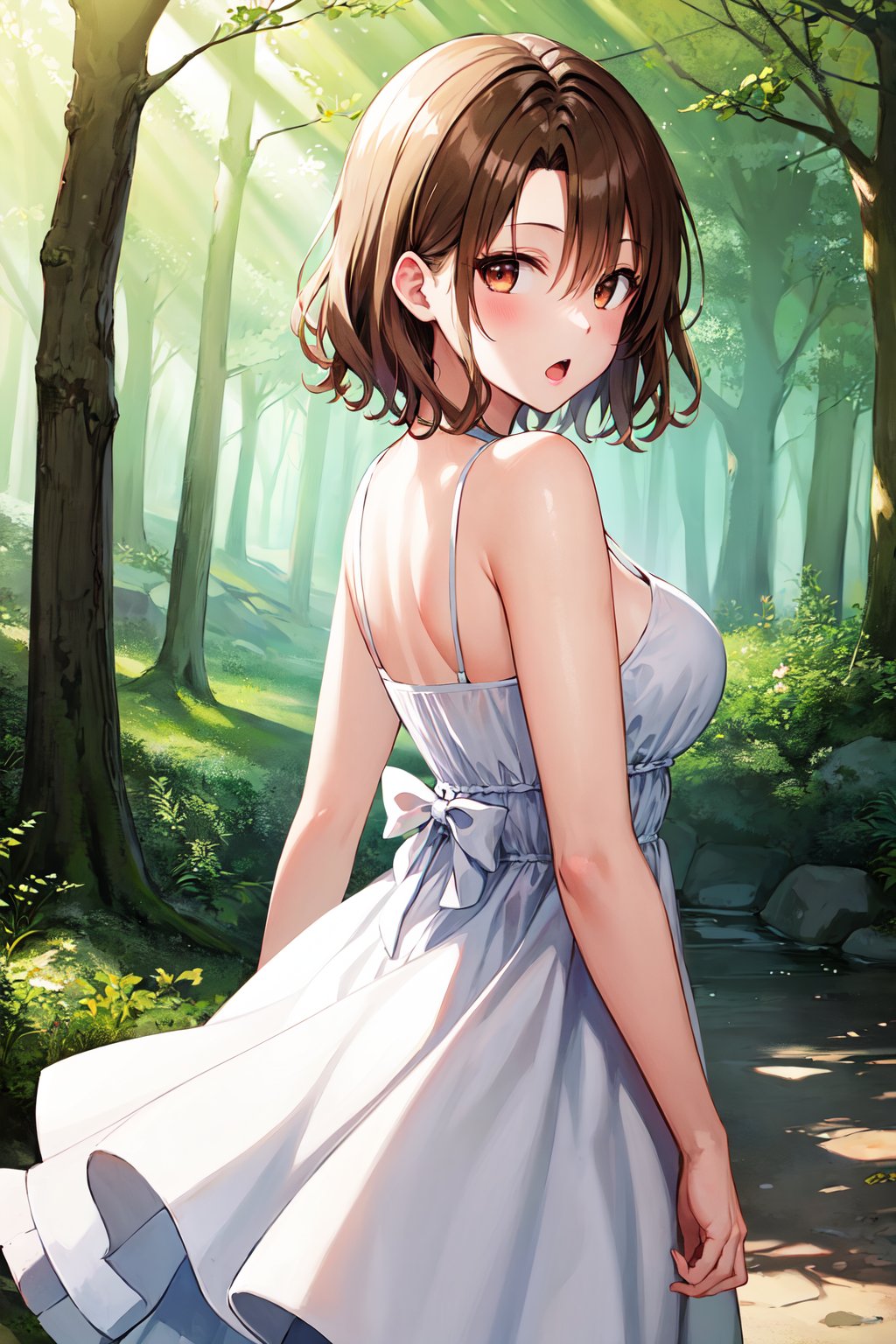 masterpiece, best quality, highres, 1girl, solo, short hair, brown hair, brown eyes, breasts, <lora:momioka_risa_v1:0.7>, sundress, white dress, forest, open mouth, from behind, looking at viewer, :o