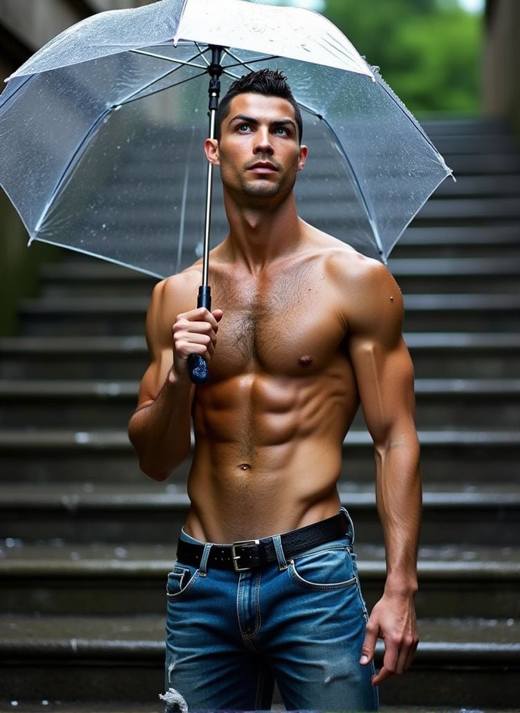 Cristiano Ronaldo ,  stands on a large stone staircase,  the rainwater cascading on the steps. He holds a transparent umbr...