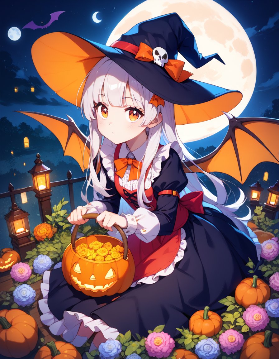 score_9,score_8_up,score_7_up,1girl,solo,A whimsical Halloween setting. A young witch with large, expressive eyes and a wide-brimmed hat adorned with flowers sits beside a carved pumpkin. She wears a detailed dress and a pointed witch's hat. Surrounding her are various Halloween-themed items, including a basket filled with books, a lantern emitting a soft glow, a skull, and a bat flying near the full moon. The backdrop is painted with a blend of blues and purples, giving it a dreamy ambiance.