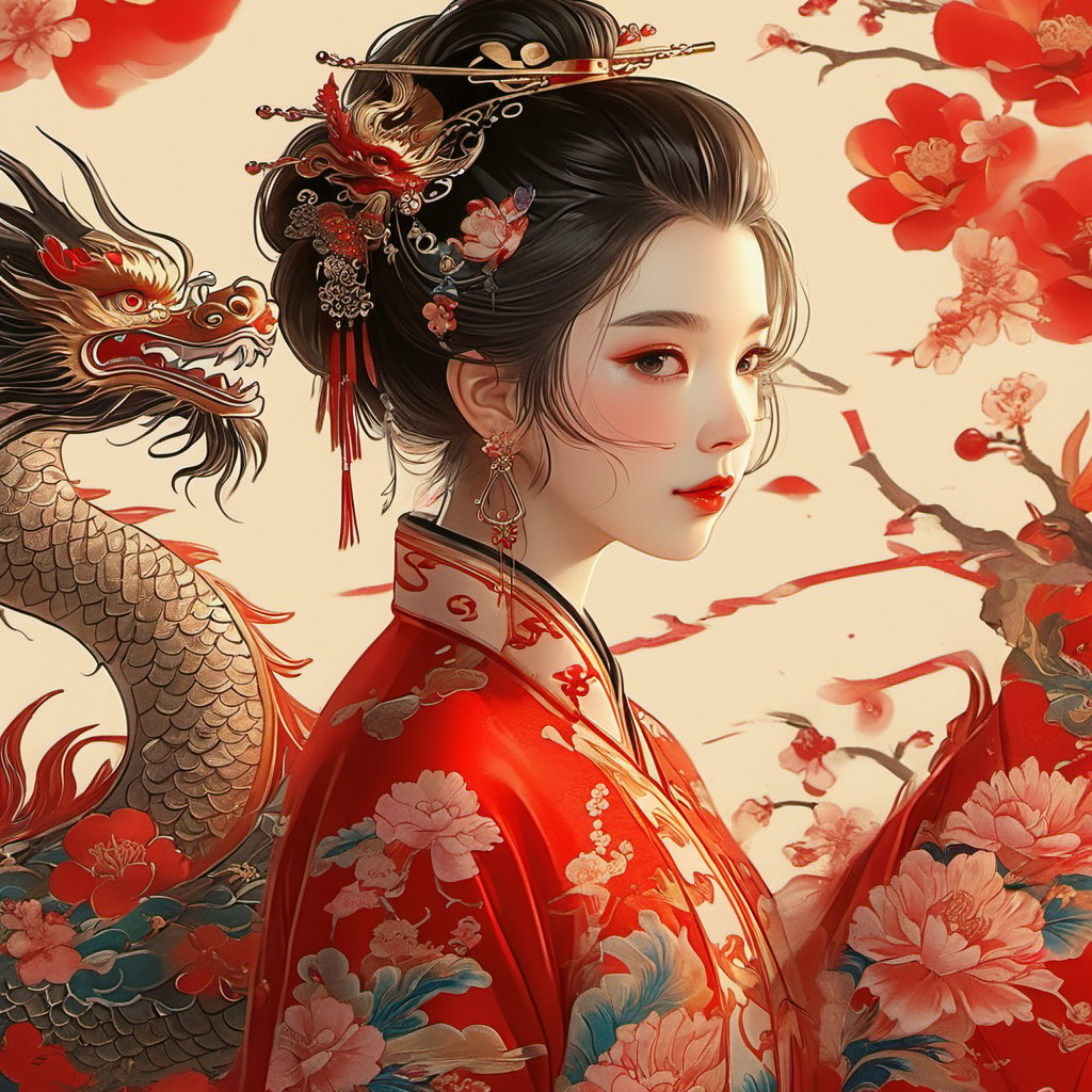 <lora:xcfs-000008:0.8>,xcfs,1girl,hair ornament,earrings,solo,jewelry,flower,upper body,chinese clothes,looking at viewer,black hair,hair stick,red lips,from side,floral print,long sleeves,bird,tassel,makeup,holding,branch,hair bun,dragon,, masterpiece, best quality,