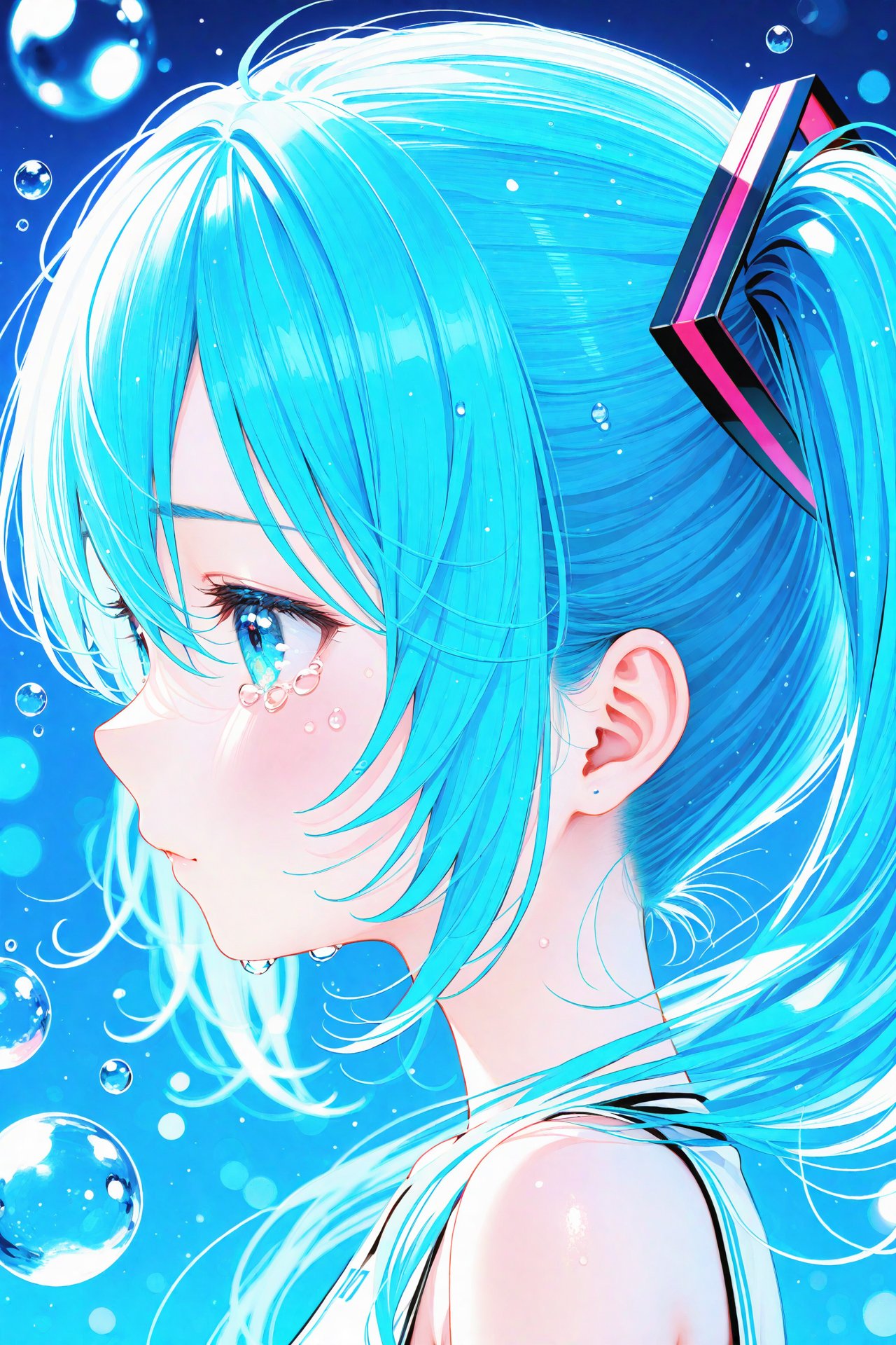 (masterpiece),(best quality),illustration,ultra detailed,hdr,Depth of field,(colorful),nai3 Style,1girl,solo,hatsune miku,long hair,twintails,tears,from side,profile,crying,bare shoulders,aqua eyes,bubble,portrait,blue hair,hair ornament,crying with eyes open,blurry,blue eyes,aqua hair,hair between eyes,water drop,closed mouth,sleeveless,upper body,