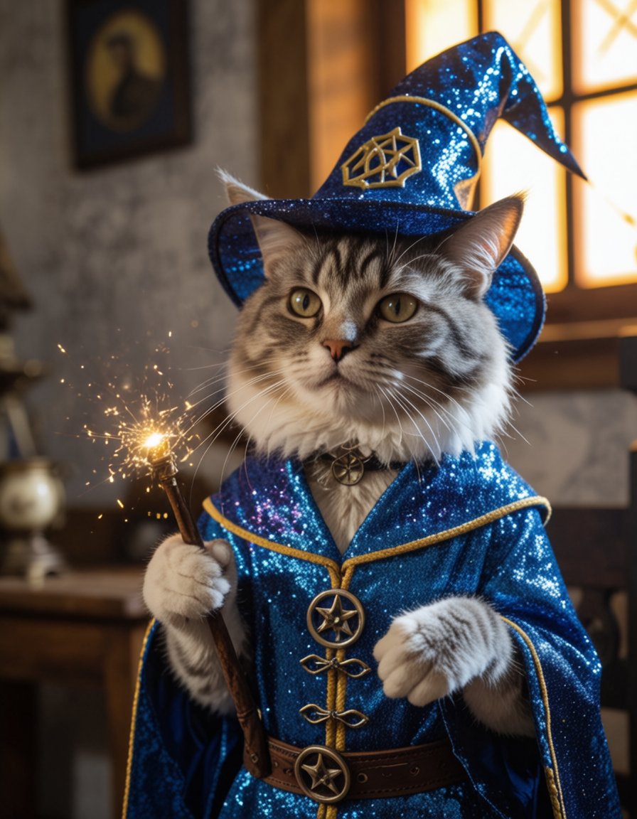 a cat,  ((wizard outfit)),  epic scene by Electric Dreams on Tensor.Art