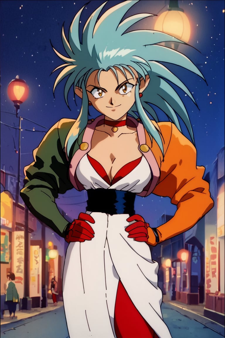 score_9,  score_8_up, score_7_up, score_6_up, anime screenshot, cowboy shot, ryouko \(tenchi muyou!\), 1girl, sl33v3s jacket, red choker, hands on hips, smile, white dress, cleavage, red legwear, sash, red gloves, looking at viewer, downtown, night,<lora:Pony_XL_Ryouko:1>