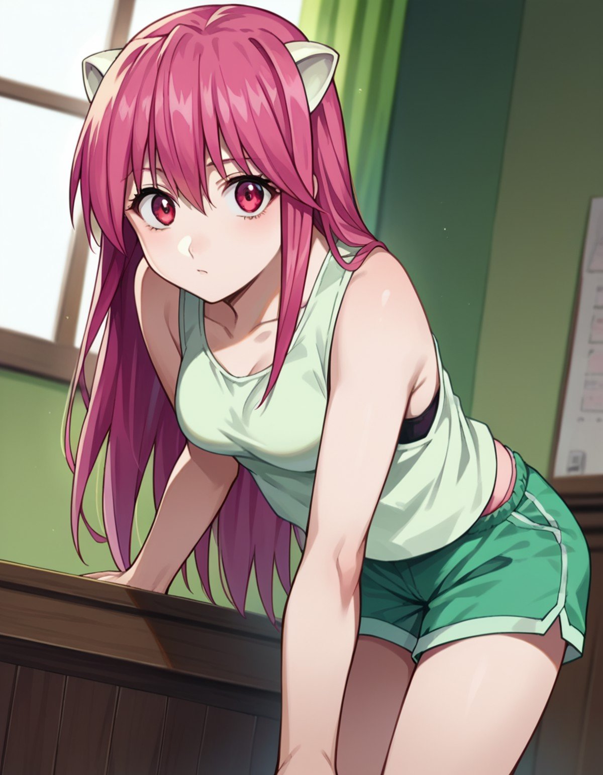 score_9, score_8_up, score_7_up, source_anime,elfenliedlucy, <lora:elfen-lied-lucy-ponyxl-lora-nochekaiser:1>lucy, long hair, pink hair, horns, pink eyes,shorts, tank top, green shorts, white tank top,indoors, bent over,looking at viewer, dutch angle, cowboy shot,